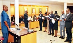 Members of Justice Monima Danagogo -led Judicial Commission of Inquiry into the violence/killings of March 19th Rerun Election in Port Harcourt taking oath of office before Governor Nyesom Wike of Rivers State in Port Harcourt on Wednesday