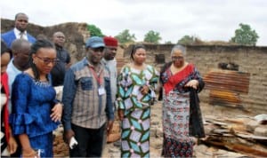 From Left: Senior Special Assistant to the President on Internally Displaced Persons (Idps), Dr Mariam Masha, Desk Officer, Local Emergency Management Agency, Agatu Lga, Comrade Iduh James, Deputy Chairman, House Committee on Idps, Rep. Ezekiel Adaji, United Nations High Commissioner for Refugees (Unhcr) Representative to Nigeria and Ecowas, Mrs Angele Dikongue and former Director General, National Centre for Women Development, Lady Onyeka Onwenu, during their visit to communities attacked by the Fulani herdsmen in Agatu, Benue State last Thursday