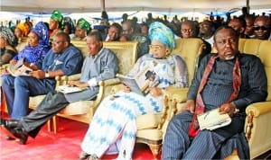 L-R: Wife of the governor of Bayelsa State, Mrs Rachael Dickson, Governor Seriake Dickson, former President Goodluck Jonathan, his wife Patience, and Governor  Rochas Okorocha of Imo State, during the commendation service for late Diepreye Alamieyeseigha, at Amasoma in Bayelsa State on Saturday