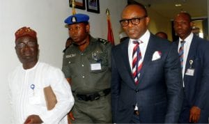 Minister of State for Petroleum Resources, Dr Emmanuel Ibe Kachikwu (2nd right), arriving for his appearance before the Senate Committee on Petroleum Upstream, at the National Assembly, in Abuja, recently.