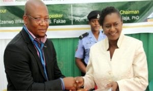 Rivers State Governor, Chief  Nyesom Wike, represented by his Deputy, Dr. (Mrs) Ipalibo Harry Banigo (right), receiving an Award of Excellence from Hon. Tamunosisi Gogo-Jaja on behalf of the National Executive Council (NEC) of the University of Nigeria Alumni Association (UNAA), during its NEC meeting in Port Harcourt, at the weekend.