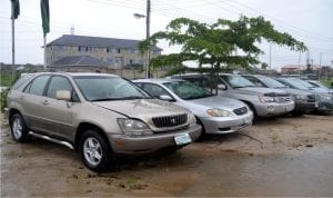 Fleet of recovered cars by the Special Anti-Robbery Squard (SARS) displayed at Rukpokwu Unit, Obio/Akpo Local Government Area, durig a press briefing by the Rivers State Commissioner of Police, Musa Kimo, yesterday.