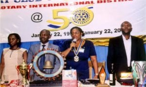 L-R: President, Rotary Club of Port Harcourt North, Rtn Ele Idachiaba, immediate past President, Rotary Club of Port Harcourt, Trans Amadi, Rtn Frank Eni, President Rotary Club of Port Harcourt, Trans Amadi, Rtn Anne Azuoma Anyaka, Guest Lecturer, Dr. F. S. Babep, during the Media Day at Rotary Club of Port Harcourt on Monday.   