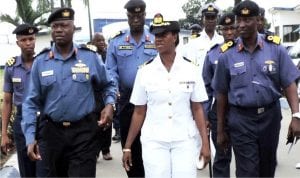 L-R:  Newly appointed Flag Officer Commanding (FOC) Eastern Naval Command, Rear Adm. James Oluwole, Commandant, Nigerian Navy Secondary School, Port Harcourt, Commander Feyisara Solebo and Command Operations Officer, Eastern Naval Command, Commodore Razaq Babalola, during the FOC’s familiarisation tour of Navy formations and units in Port Harcourt yesterday.