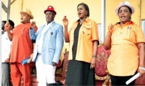 R-L. Factional State Chairperson, Nigeria Labour Congress  (NLC, Comr. Beatrice Itubo), Rivers State Deputy Governor,  Dr. (Mrs) Ipalibo Harry Banigo, State Chairman, Trade Union Congress (TUC),  Comr. Hyginus Chika Onuegbu, Secretary to Rivers State Government,  Kenneth Kobani, singing solidarity song, during workers day celebration in Port Harcour, yesterday