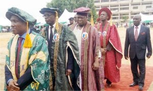 From Left: Vice Chancellor Unizik,  Prof. Joseph Ahaneku, Pro-Chancellor and Chairman Governing Council, Retired Avm Larry Koinyan, Gwom Gwom  of Jos, HRH  Da Jacob Buba  and Chancellor of the institution who is the representative of the President, Muhammadu Buhari, Prof. Anthony Anwuka, during the procession at the Unizik in Awka last Friday