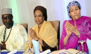 Minister of Water Resources, Suleiman Adamu,  his wife, Hauwa and Minister of Environment, Amina Mohammed,  at a reception dinner organised by Association of Consulting Engineers in Nigeria (Acen)  for its President, Engr. Suleiman Adamu,  on his appointment as the Minister of Water Resources in Abuja last Friday