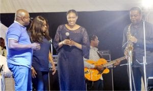 L-R: Gov. Akinwunmi Ambode and his wife, Bolanle, join the former governor of Cross River State, Donald Duke and his wife, Onari on stage as Duke performs at ``An Evening of Jazz” with Gov. Akinwunmi Ambode in Lagos on Saturday night.