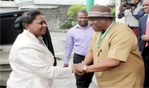 National President, University of Nigeria Alumni Association (UNAA), Chief (Barr) Andrew Oru (right), welcoming the Rivers State Deputy Governor, Dr (Mrs) Ipalibo Harry Banigo to the National Executive Council (NEC) meeting of the association in Port Harcourt, recently.