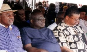 L-R: Former Minister of Transport,  Dr.  Abiye Sekibo, PDP chieftain,  Chief  Sergent Awuse and  Senator  Lee Maeba, during the commissioning of Alesa, Okerewa-Aleto Eleme Booster Water Station,  yesterday  by Governor Nyesom Wike.                                                                                                                 Photo: Egberi A. Sampson