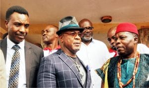 All Progressives Congress, Enugu State Chairman, Dr Ben Nwoye, founder, Baywood Foundation, Chief Chris Baywood and Igwe of Nimbo Community, Enugu State, Igwe John Akor, during a sympathy visit to the Igwe on the recent herdsmen attack on the community in Enugu, recently.