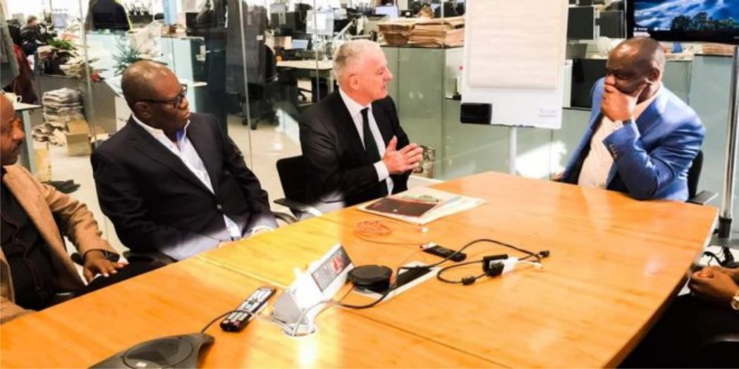 Rivers State Governor, Chief Nyesom  Wike (right), with Commercial Director, Africa and The Middle East , Financial Times of London, Mr. Mark Carwardine (middle) and Sales Manager for Africa and the Middle East, Mr Larry Kenny, during the governor’s visit to Financial Times in London, last Friday. 